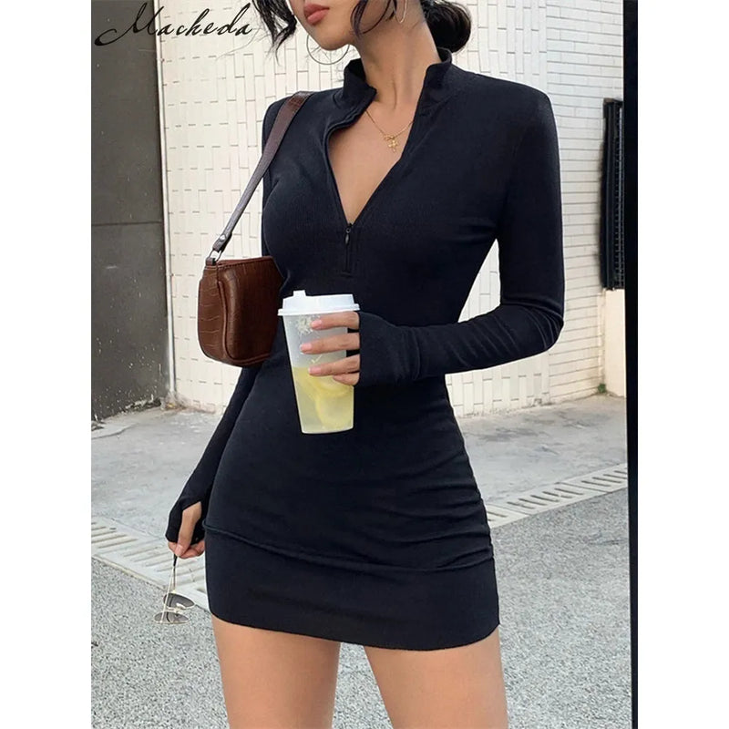 "Macheda Women's Elegant Autumn Winter Black Bodycon Dress - Turtleneck Slim Fit Ribbed Knitted Long Sleeve Mini Dress 2025" - Faith Affinity