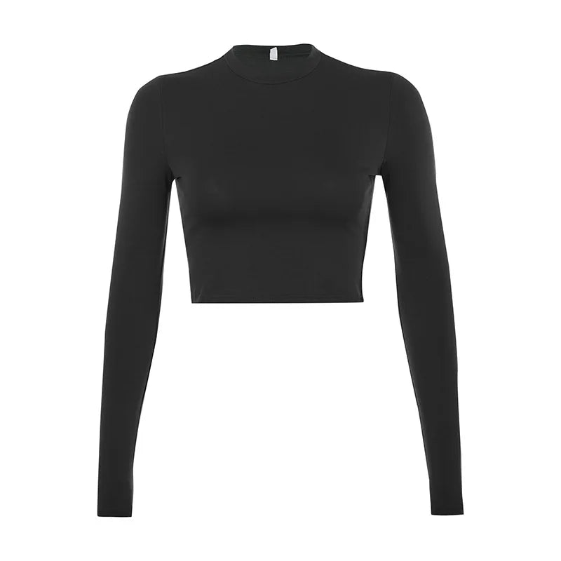 "Women's Casual Solid Long Sleeve T-Shirt – Black & White Fashion Crop Top, Korean Style"