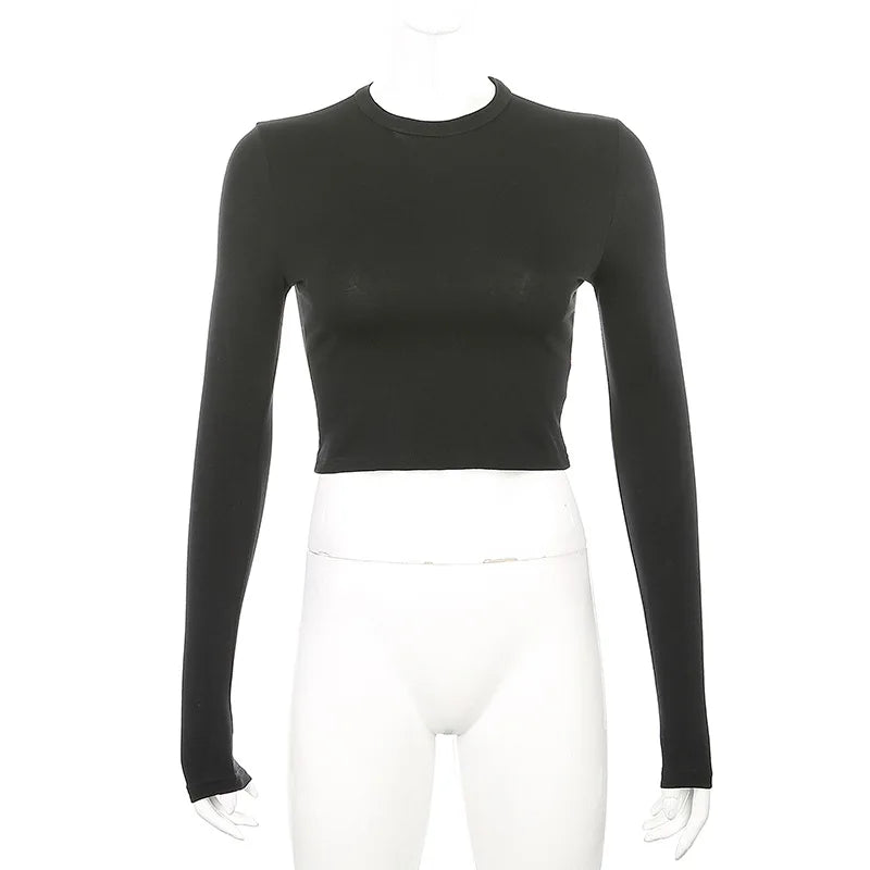 "Women's Casual Solid Long Sleeve T-Shirt – Black & White Fashion Crop Top, Korean Style"