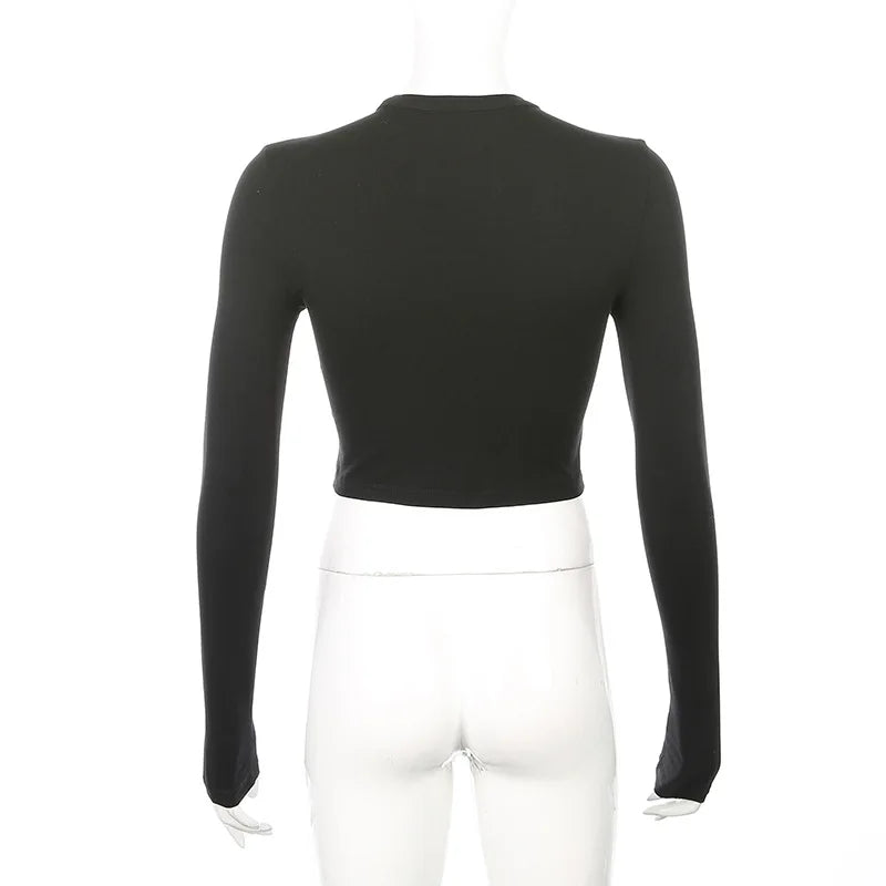 "Women's Casual Solid Long Sleeve T-Shirt – Black & White Fashion Crop Top, Korean Style"