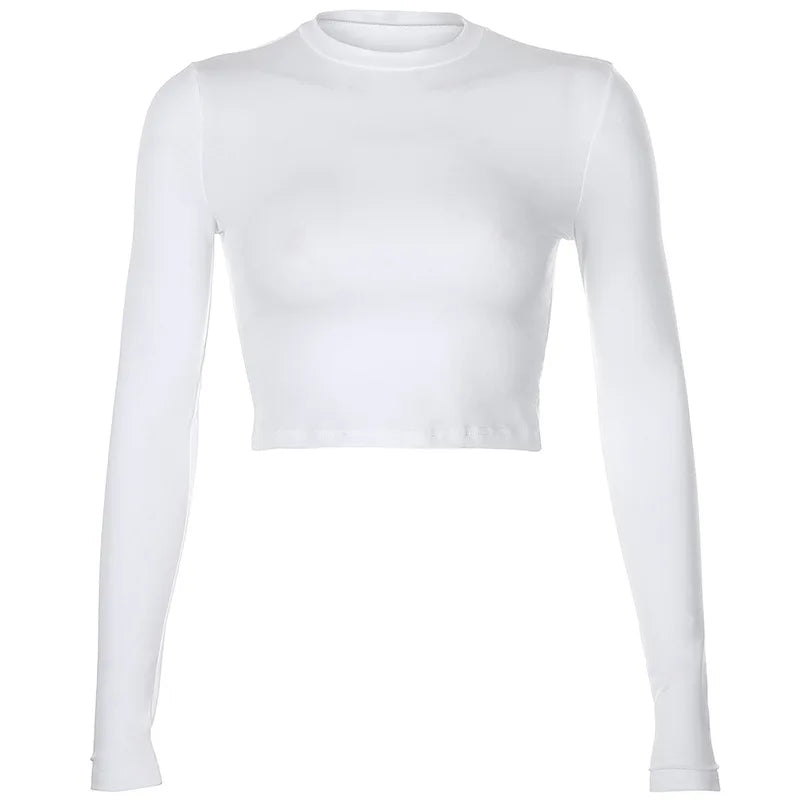 "Women's Casual Solid Long Sleeve T-Shirt – Black & White Fashion Crop Top, Korean Style"