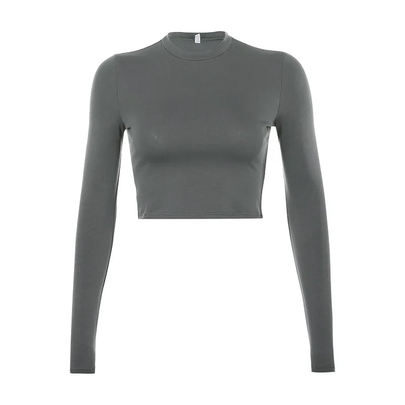 "Women's Casual Solid Long Sleeve T-Shirt – Black & White Fashion Crop Top, Korean Style"