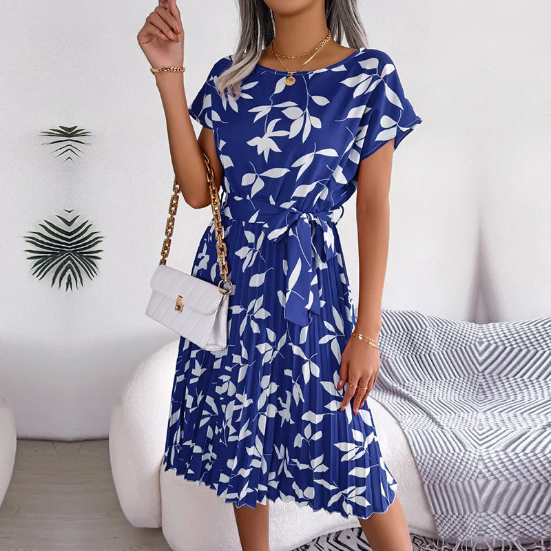 "Women's Floral High Waist A-Line Long Dress - Spring Summer Chic Fashion, Short Sleeve Pleated Maxi Dress"