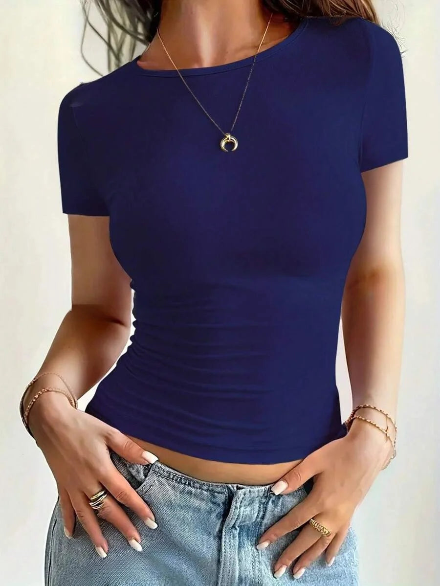 "Women's Scoop Neck Short Sleeve Crop Top - Slim Fit Summer T-Shirts, Cute Y2K Clothing 2025 Fashion"