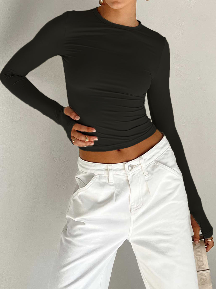 "Women's Long Sleeve Crew Neck Slim Fit Crop Top - Solid Fashion with Thumb Holes for Streetwear and Summer Outfits"