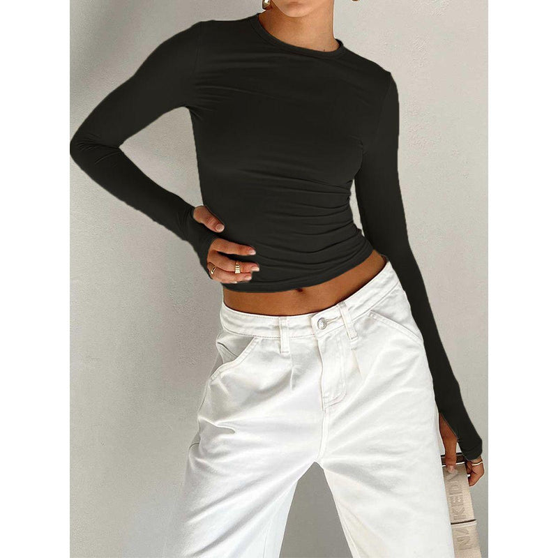 "Women's Long Sleeve Crew Neck Slim Fit Crop Top - Solid Fashion with Thumb Holes for Streetwear and Summer Outfits" - Faith Affinity