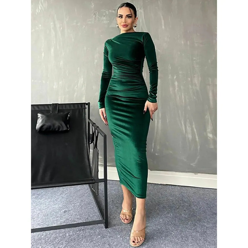 "Dulzura Velvet Long Sleeve Midi Dress for Women – Ruched Elegant Party Wear, Spring Summer 2024 Evening Green Outfi - Faith Affinity