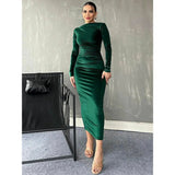 "Dulzura Velvet Long Sleeve Midi Dress for Women – Ruched Elegant Party Wear, Spring Summer 2024 Evening Green Outfi - Faith Affinity