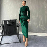 "Dulzura Velvet Long Sleeve Midi Dress for Women – Ruched Elegant Party Wear, Spring Summer 2024 Evening Green Outfi - Faith Affinity