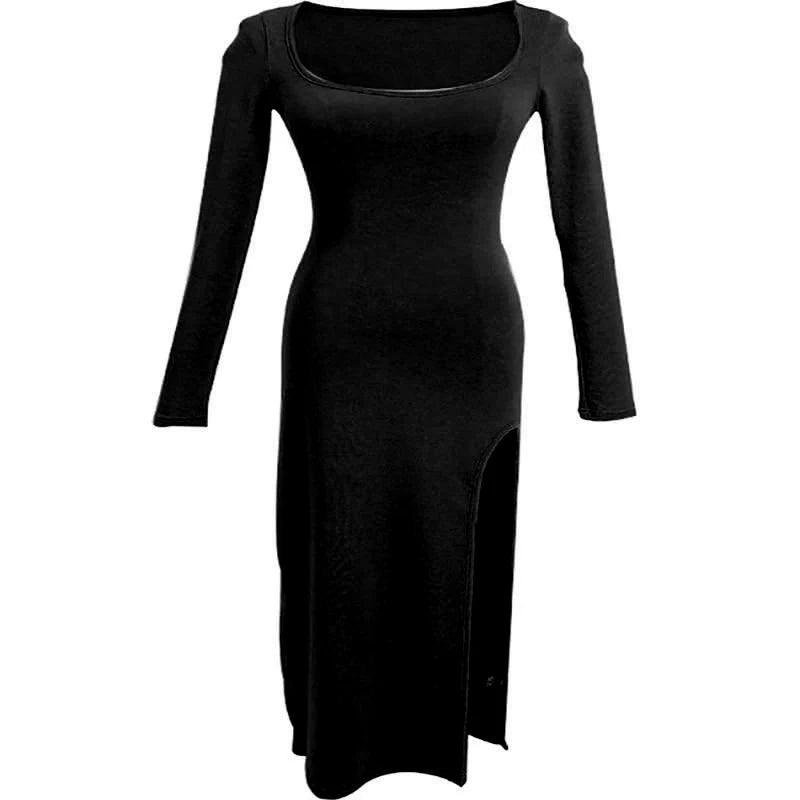 Sexy Side Slit Dress for Women Tight-fitting Wrap Hip Over-the-knee Long Sleeved Dresses Black Street Bodycon Spring Autumn - Faith Affinity