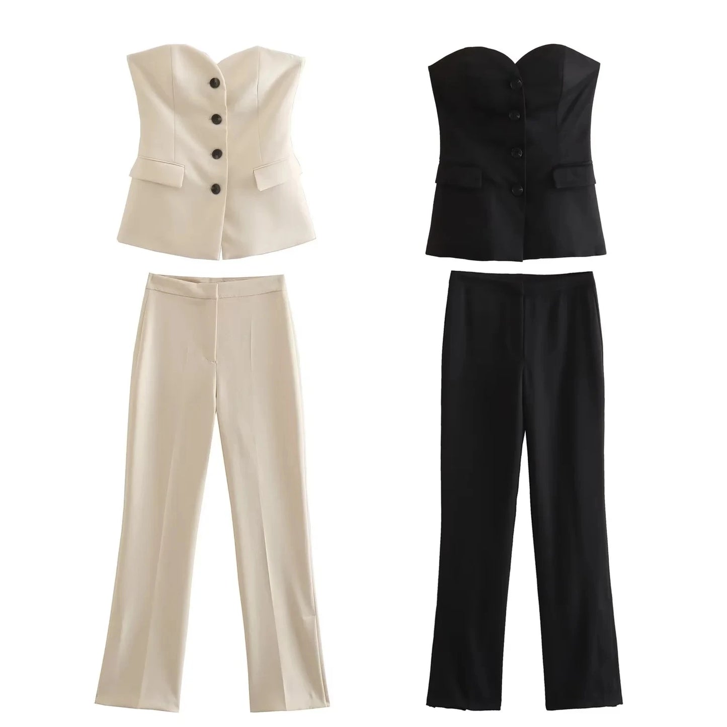 "TRAFZA Women’s Elegant Solid Pant Suit - Front Button Strapless Sexy Tank Top & Side Slit Trouser, Fashion Streetwear Set"