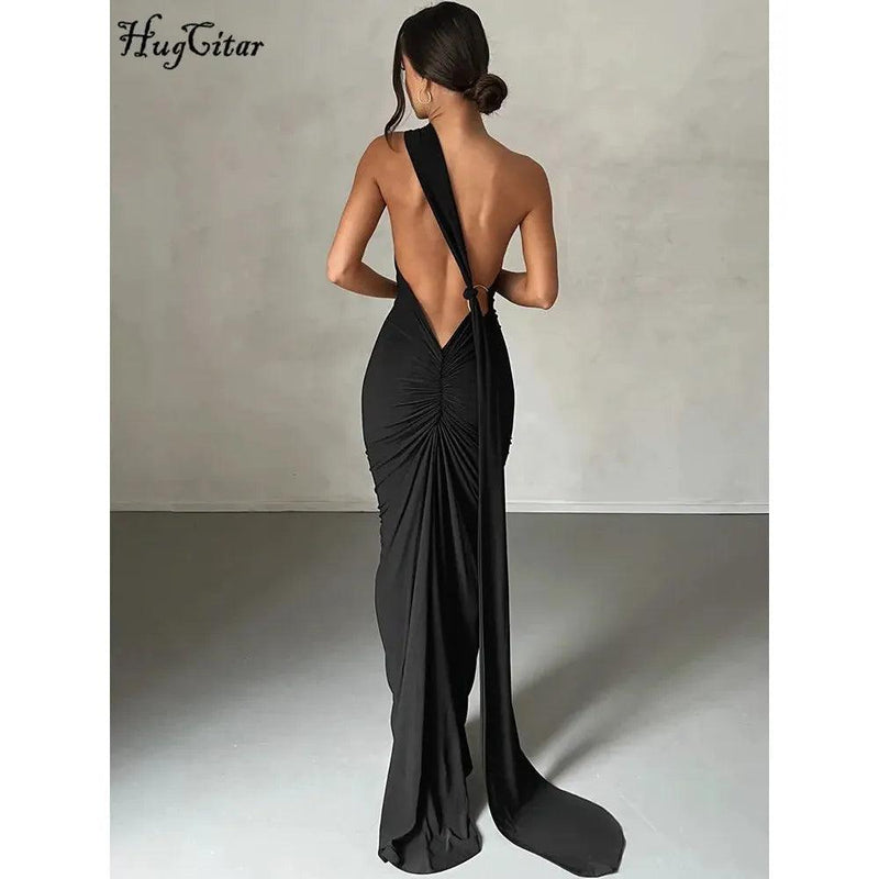 Hugcitar 2025 Women’s One-Shoulder Backless Ruched Maxi Dress - Sexy Adjustable Y2K Streetwear Festival Outfit - Faith Affinity