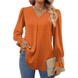 "Women’s Solid Color Chiffon Shirt – V-Neck Pullover Flared Long Sleeves Office Blouse in Elegant Khaki" - Faith Affinity