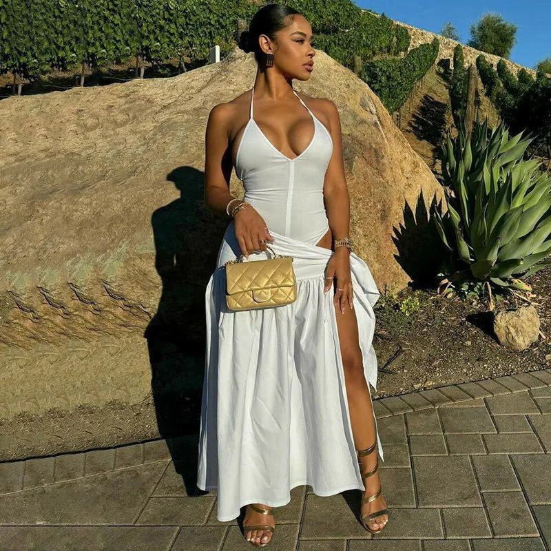 "Tossy 2-Piece Set Women's V-Neck Jumpsuit & Pleated High Waist Skirt - Sexy Lace-Up Bandage Outfits, White Fashion 2025"