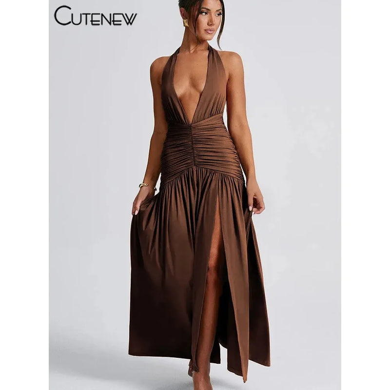 "Nibber Women's Elegant Long Dress - Solid Hipster Halter V-Neck Backless with Shirring & Side Split, High Street Vestidos" - Faith Affinity