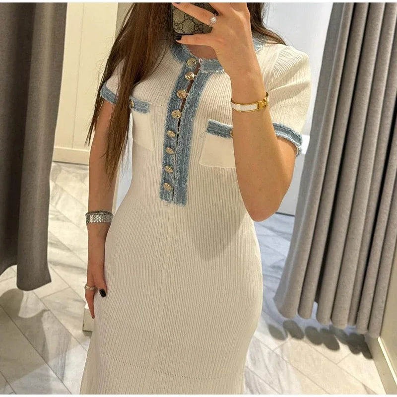 Women’s Elegant V-Neck Denim Patchwork Knitted Long Dress - Short Sleeved Button Bodycon Dress with Pockets for Office Lady Fashion