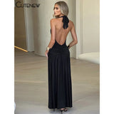 "Nibber Women's Elegant Long Dress - Solid Hipster Halter V-Neck Backless with Shirring & Side Split, High Street Vestidos" - Faith Affinity