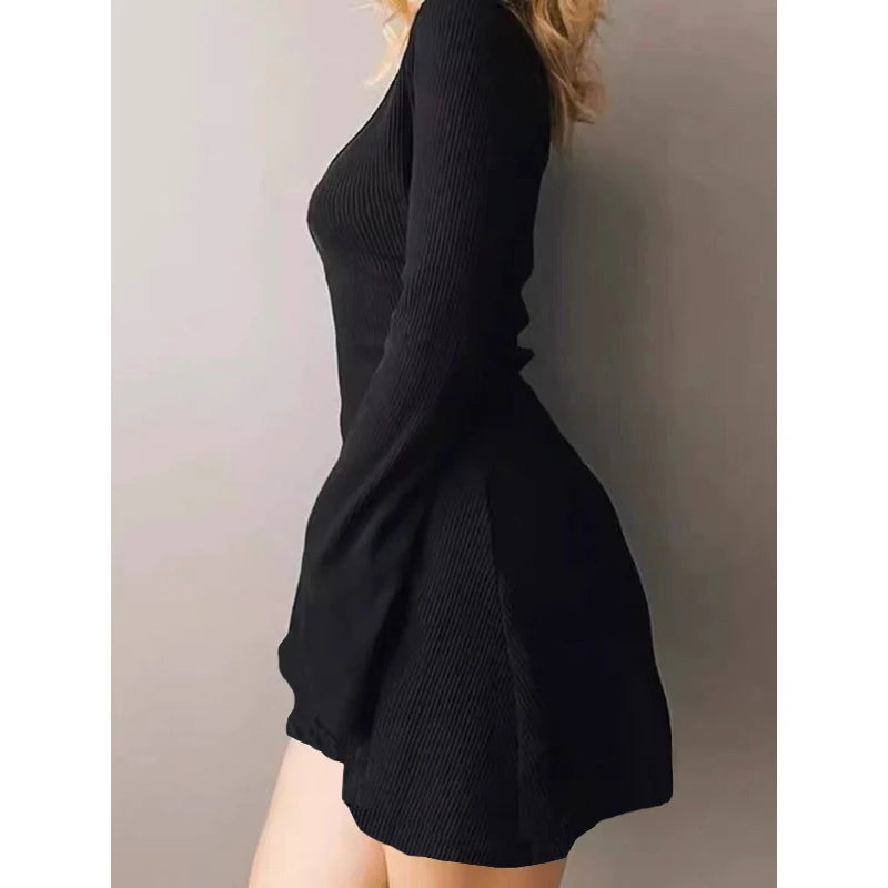 "Elegant Black V-Neck Long Sleeve Mini Dress for Women – Slim Fit, Sexy Autumn Winter Fashion" - Faith Affinity