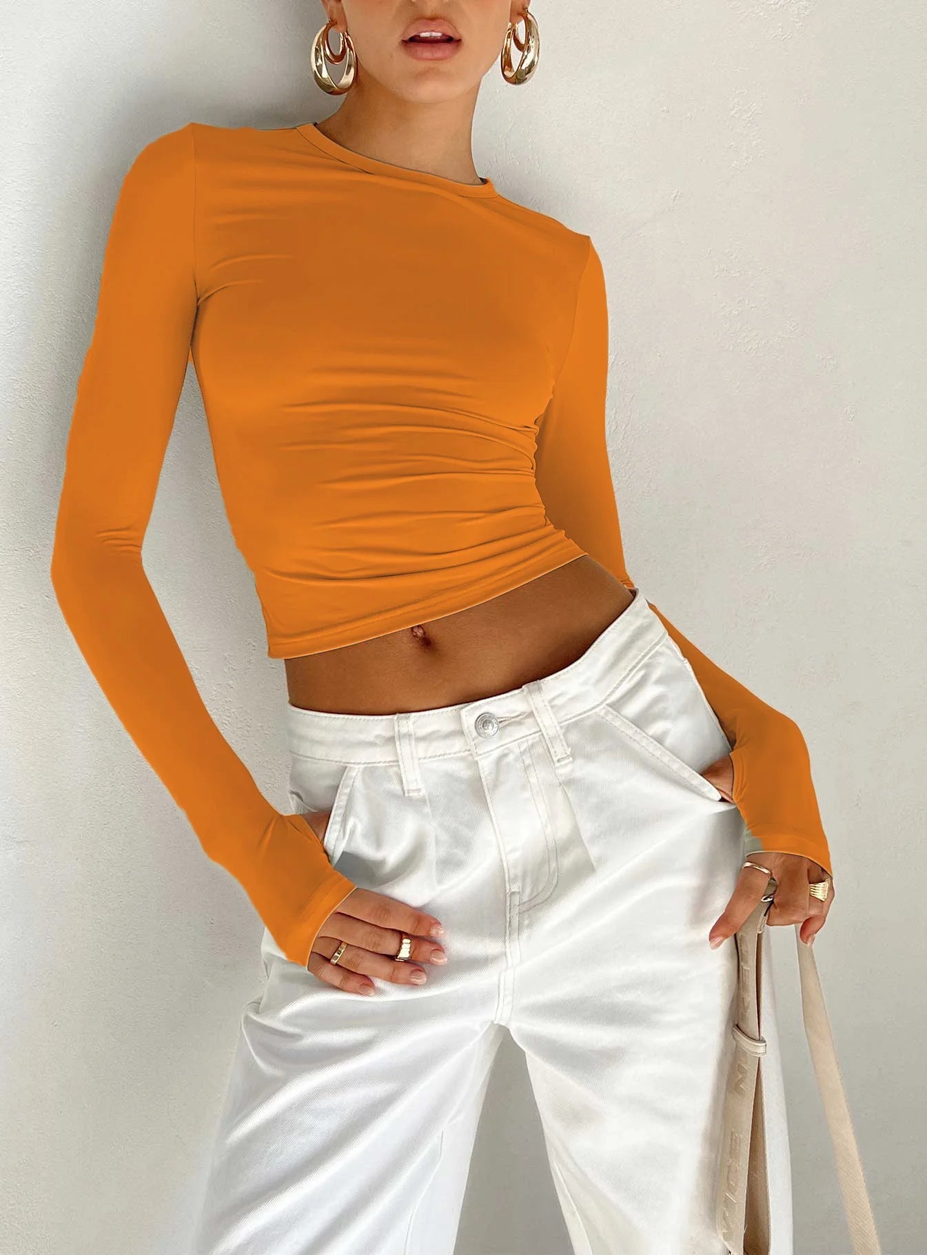 "Women's Long Sleeve Crew Neck Slim Fit Crop Top - Solid Fashion with Thumb Holes for Streetwear and Summer Outfits"