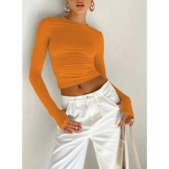 "Women's Long Sleeve Crew Neck Slim Fit Crop Top - Solid Fashion with Thumb Holes for Streetwear and Summer Outfits" - Faith Affinity