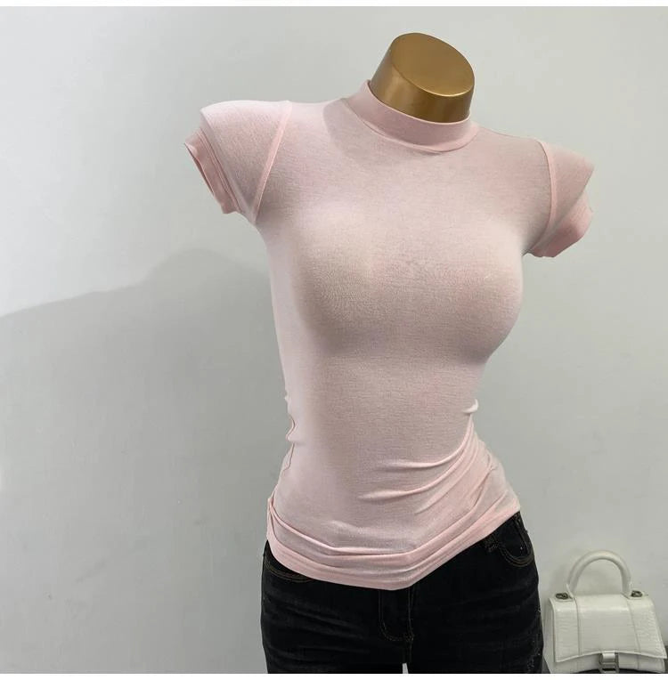 "Women's Half-High Collar Slim Fit T-Shirt - Korean Transparent Short Sleeve Elastic Solid Bottoming Shirt, Sexy Fashion Top"