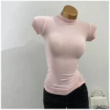 "Women's Half-High Collar Slim Fit T-Shirt - Korean Transparent Short Sleeve Elastic Solid Bottoming Shirt, Sexy Fashion Top" - Faith Affinity