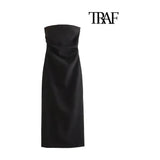 TRAF Women’s Fashion Strapless Gathered Midi Dress - Sexy Straight Neck with Back Slit, Elegant Female Vestidos Mujer - Faith Affinity