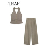 TRAF Women’s 2-Piece Set - Halter Neck Sleeveless Vest Top + High Waist Zipper Pocket Wide Leg Pants, Fashion Outfit - Faith Affinity