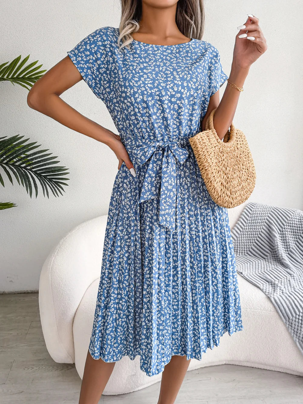 "Women's Floral High Waist A-Line Long Dress - Spring Summer Chic Fashion, Short Sleeve Pleated Maxi Dress"