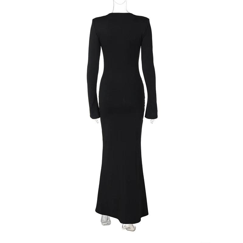 Mozision Women’s Sexy Long Sleeve O-Neck Pleated Maxi Dress - Slim Fit High-Waist Elegant Autumn Bodycon Evening Dress - Faith Affinity