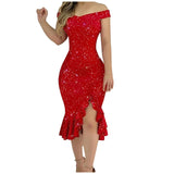 "Women's Sexy Summer Off-Shoulder Dress - Short Sleeve Sequin Ruffle Chiffon Dress with Irregular Hem" - Faith Affinity