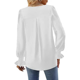 "Women’s Solid Color Chiffon Shirt – V-Neck Pullover Flared Long Sleeves Office Blouse in Elegant Khaki" - Faith Affinity