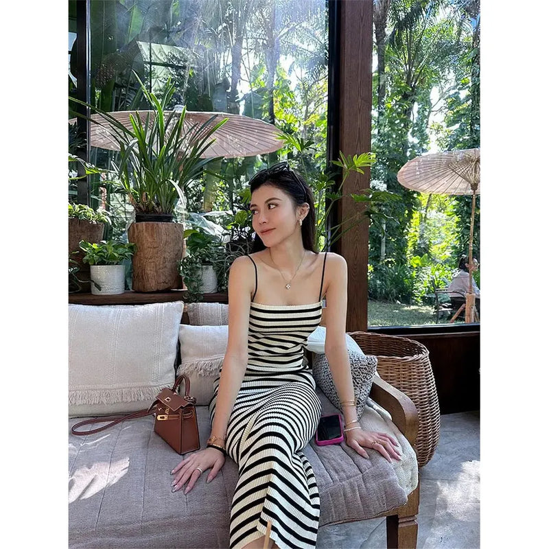 "Striped Knitted Bodycon Dress for Women - Slim Fit Sleeveless Summer Sundress, Casual Holiday Wrap Long Dress" - Faith Affinity