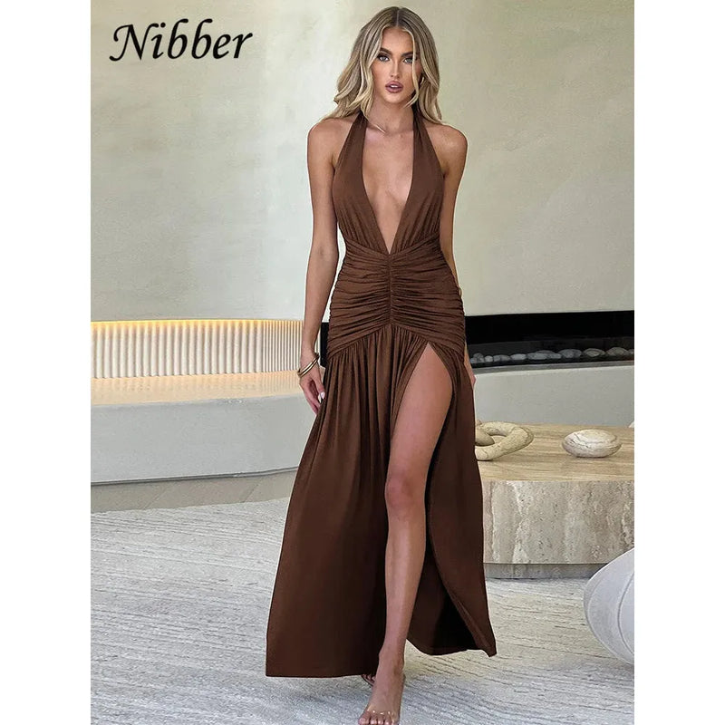 "Nibber Women's Elegant Long Dress - Solid Hipster Halter V-Neck Backless with Shirring & Side Split, High Street Vestidos" - Faith Affinity