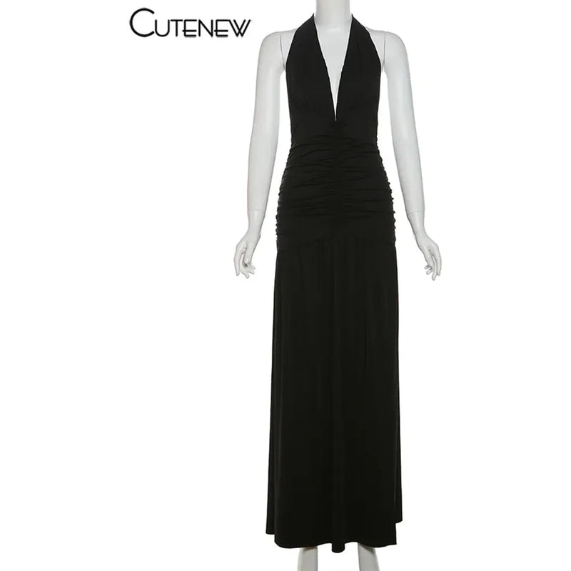 "Nibber Women's Elegant Long Dress - Solid Hipster Halter V-Neck Backless with Shirring & Side Split, High Street Vestidos" - Faith Affinity