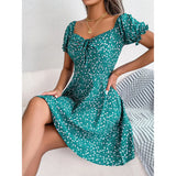 "Spring Summer Floral Ruffles Mini Dress for Women - Square Collar, Casual A-Line Dress with Flare Sleeves and Lace-Up Detail" - Faith Affinity