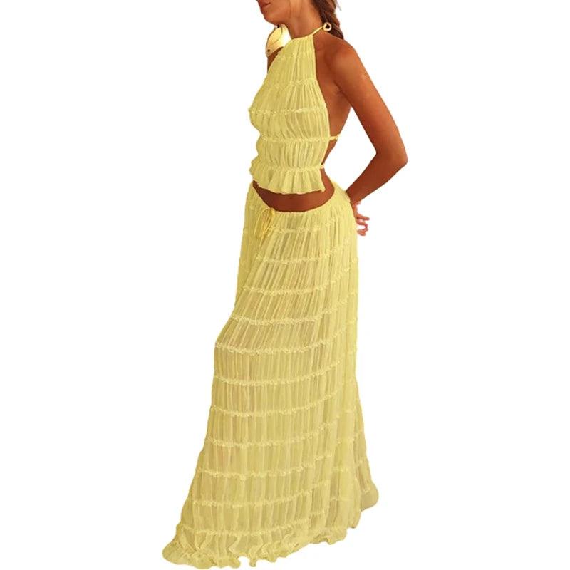 Boho Women’s Backless Matching 2-Piece Outfit – Vintage Ruched Cami Top & Maxi Skirt for Beach Party or Holiday - Faith Affinity