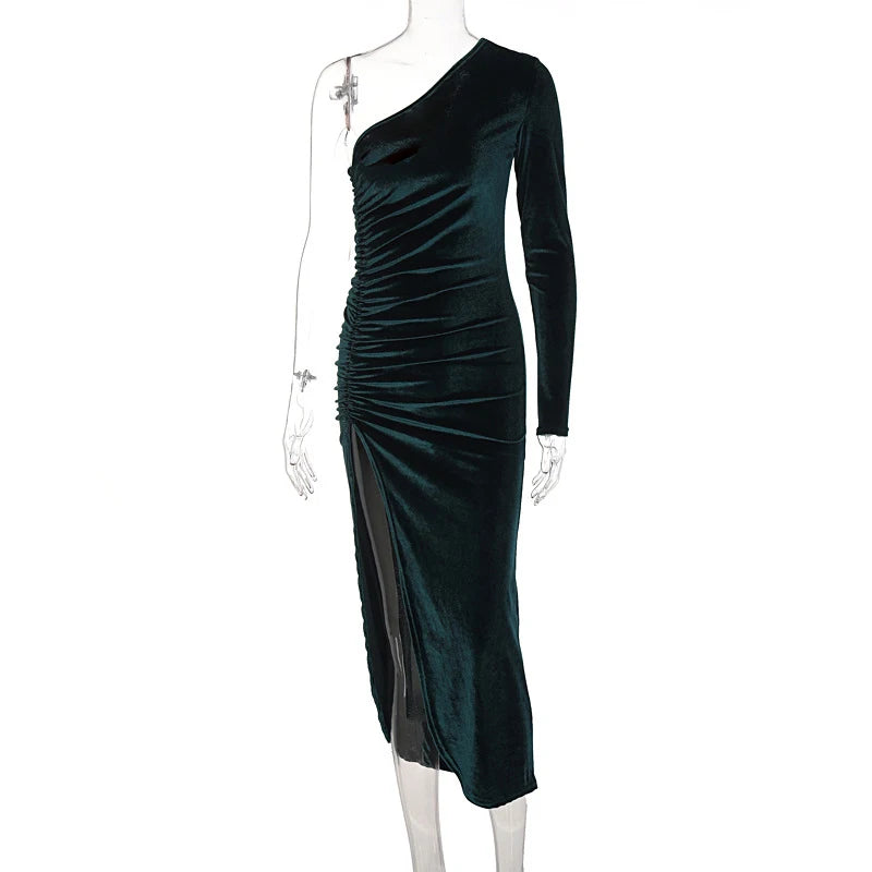 Women’s Elegant Velvet Bodycon Midi Dress - Long Sleeve Split Pencil Dress for Party & Evening Wear, Spring Autumn Fashion