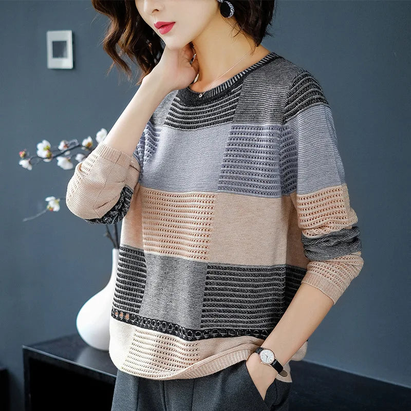 "WTEMPO Women’s Thin Hollow Knit Sweater - Long Sleeve Striped Loose Top for Spring and Autumn Fashion" - Faith Affinity