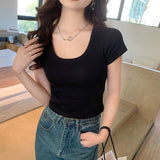 "Women’s Summer U Collar T-Shirt - Sexy Slim Fit Casual Short-Sleeve Top, Korean Fashion Dew Navel Design - Faith Affinity