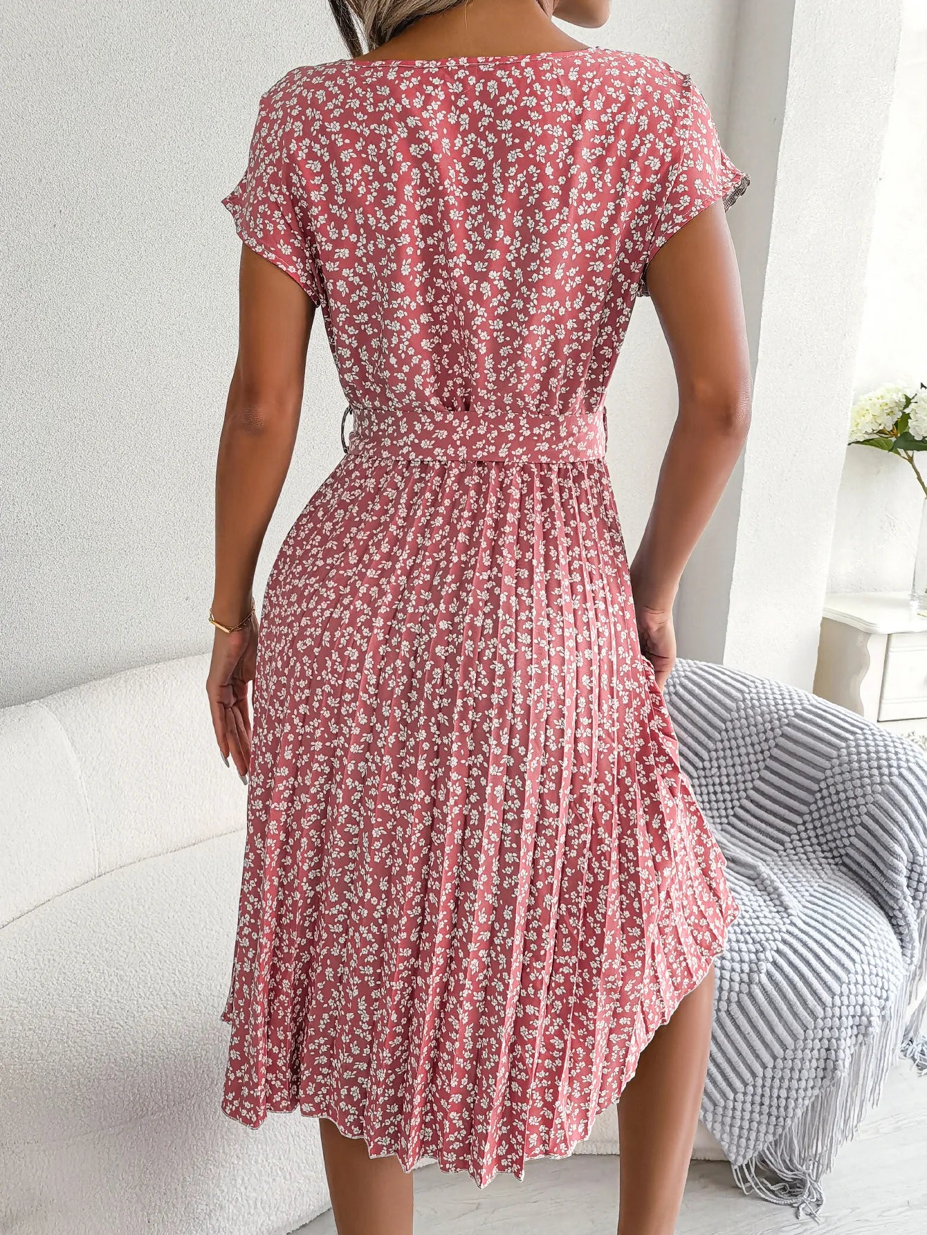 "Women's Floral High Waist A-Line Long Dress - Spring Summer Chic Fashion, Short Sleeve Pleated Maxi Dress"