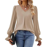 "Women’s Solid Color Chiffon Shirt – V-Neck Pullover Flared Long Sleeves Office Blouse in Elegant Khaki" - Faith Affinity