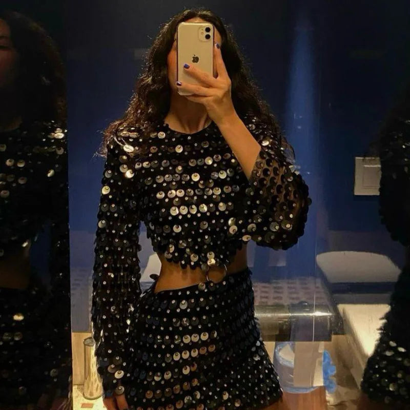 Women’s 2025 Fashion Glitter Sequin Hollow-Out Mini Dress - Elegant Round Neck Long Sleeves Short Party Dress, Chic Outfit