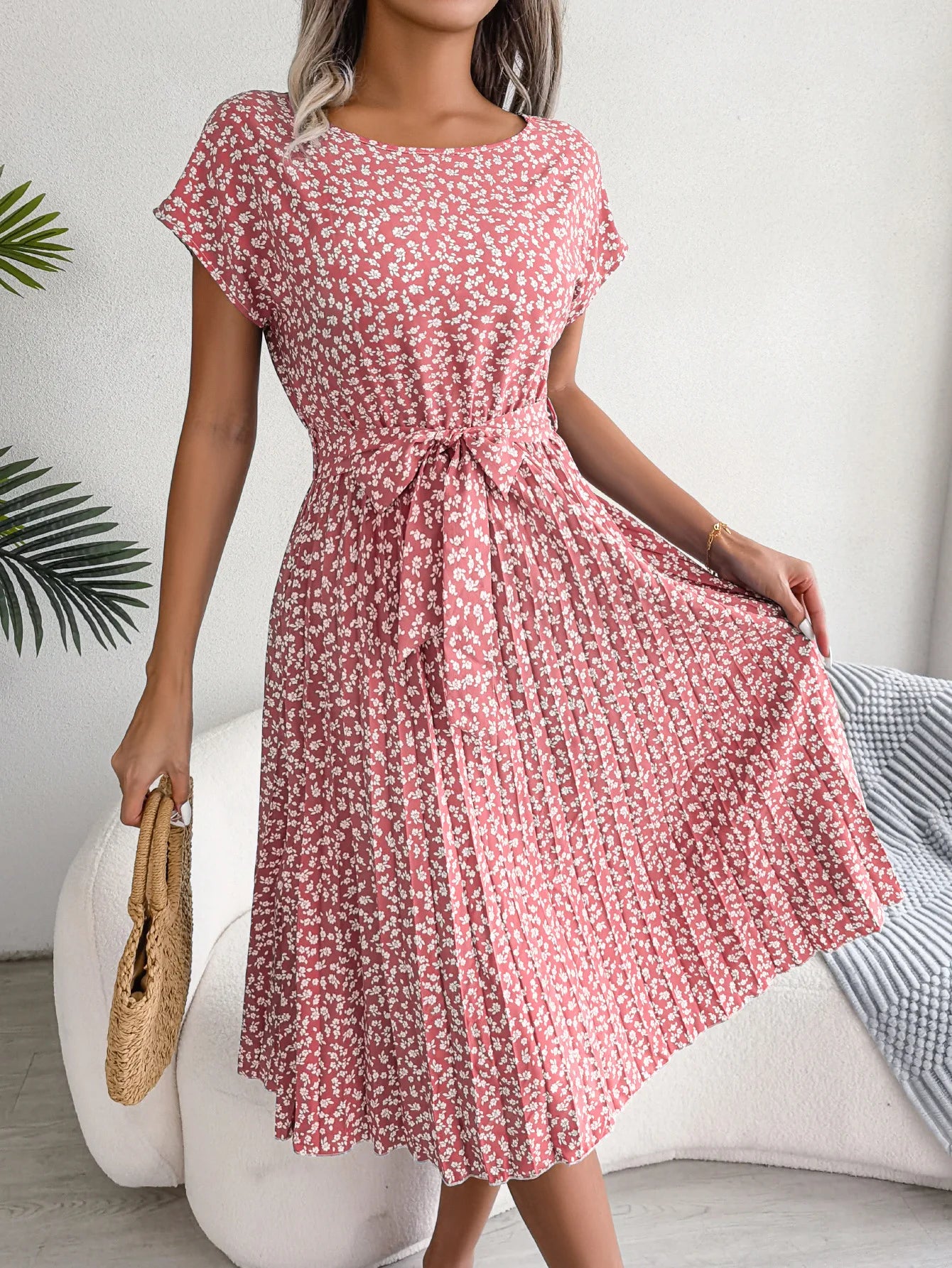 "Women's Floral High Waist A-Line Long Dress - Spring Summer Chic Fashion, Short Sleeve Pleated Maxi Dress"