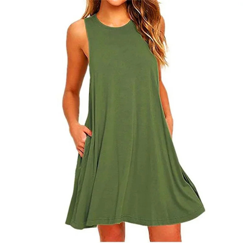 "Women's Casual Summer Dress – Plain Pleated Tank T-Shirt Dress with Pockets, Beach Cover-up"