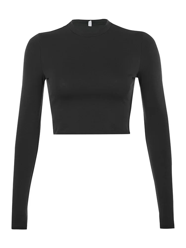 "Women's Casual Solid Long Sleeve T-Shirt – Black & White Fashion Crop Top, Korean Style"