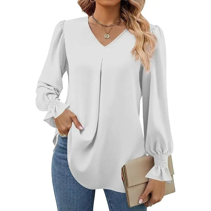 "Women’s Solid Color Chiffon Shirt – V-Neck Pullover Flared Long Sleeves Office Blouse in Elegant Khaki" - Faith Affinity