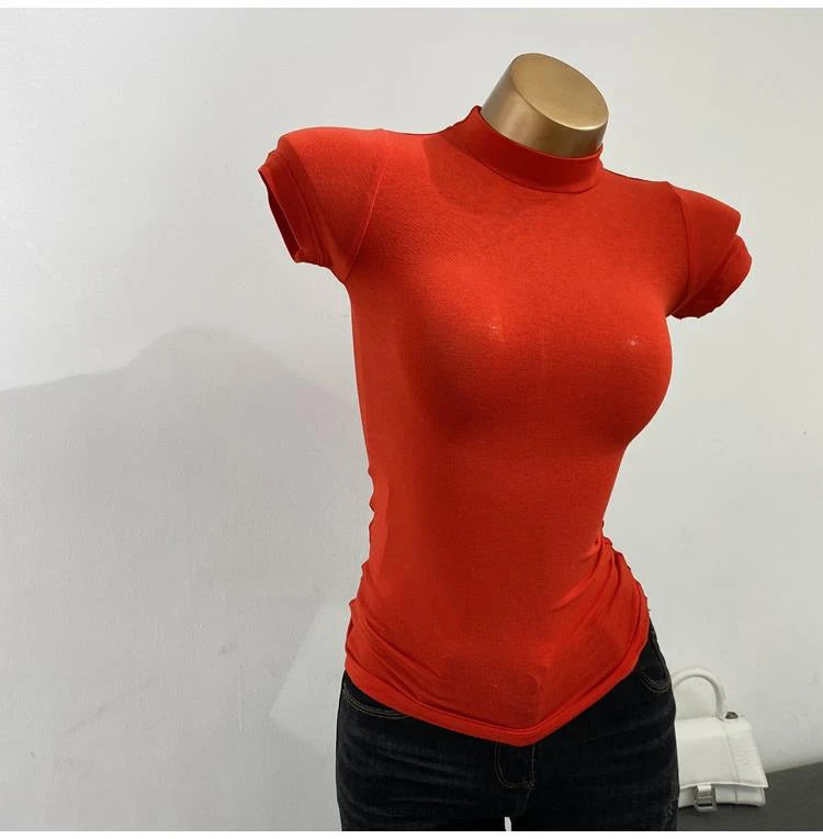 "Women's Half-High Collar Slim Fit T-Shirt - Korean Transparent Short Sleeve Elastic Solid Bottoming Shirt, Sexy Fashion Top"