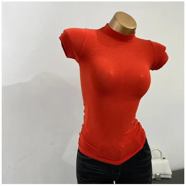 "Women's Half-High Collar Slim Fit T-Shirt - Korean Transparent Short Sleeve Elastic Solid Bottoming Shirt, Sexy Fashion Top" - Faith Affinity