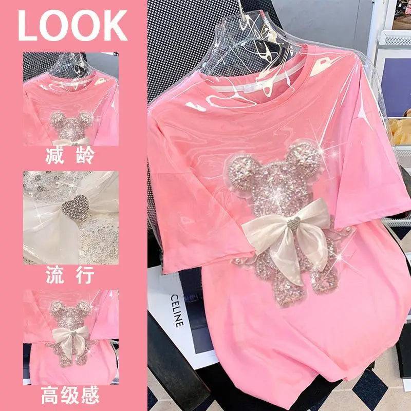 "Plus Size Women's T-Shirt – Shiny Bear Print with Bowknot, Diamond Inlay, Korean Fashion" - Faith Affinity